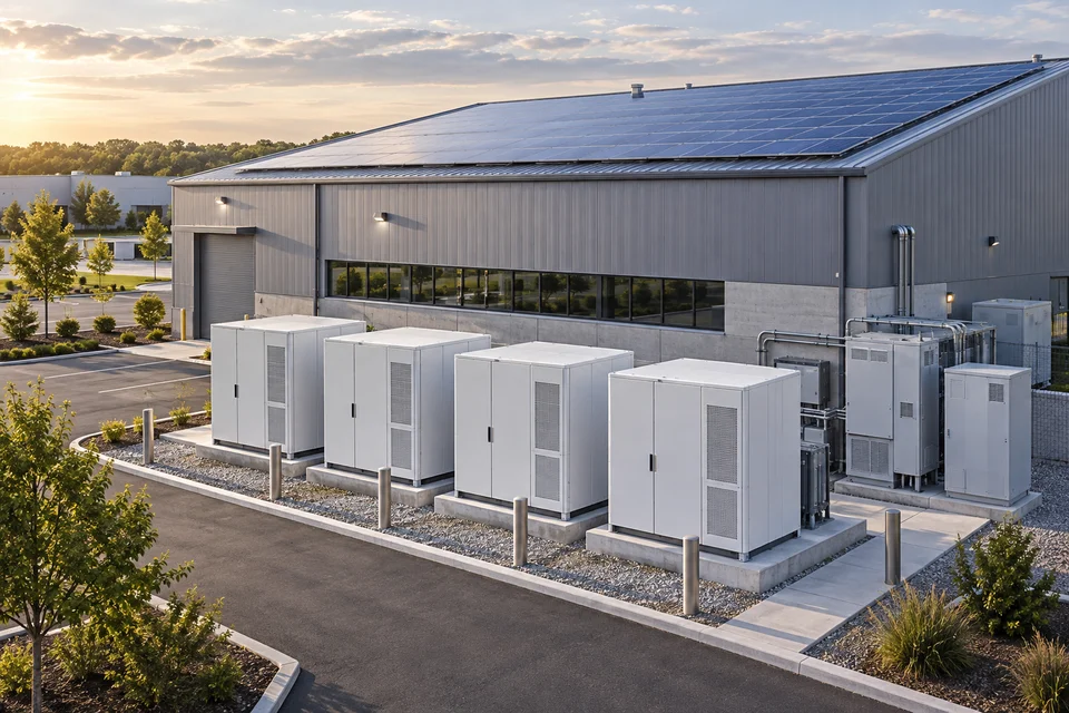 Illustrative commercial battery storage and rooftop solar installation, not project evidence
