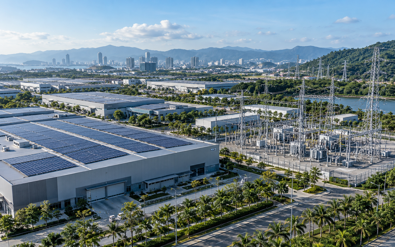 Illustrative Southeast Asian industrial district with rooftop solar and electrical infrastructure