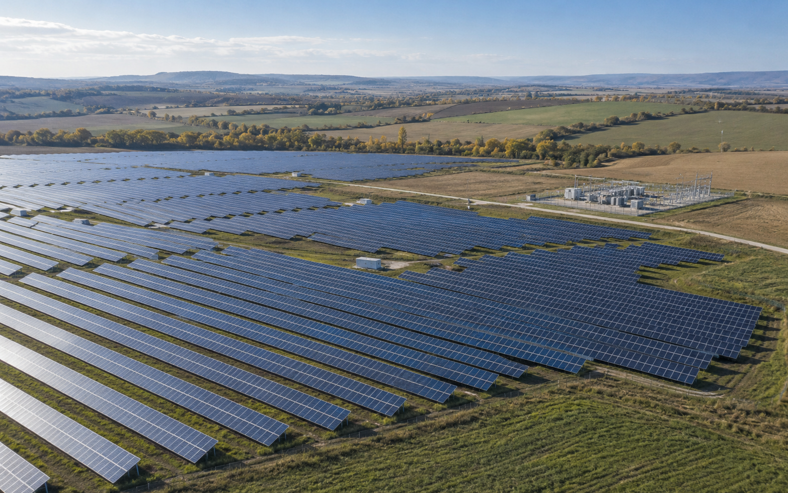 Illustrative utility-scale solar array and grid substation on European plains