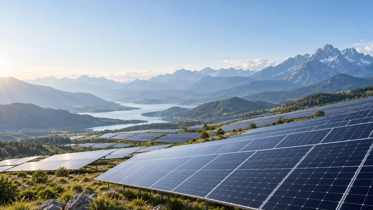 Illustrative solar array in a mountain landscape
