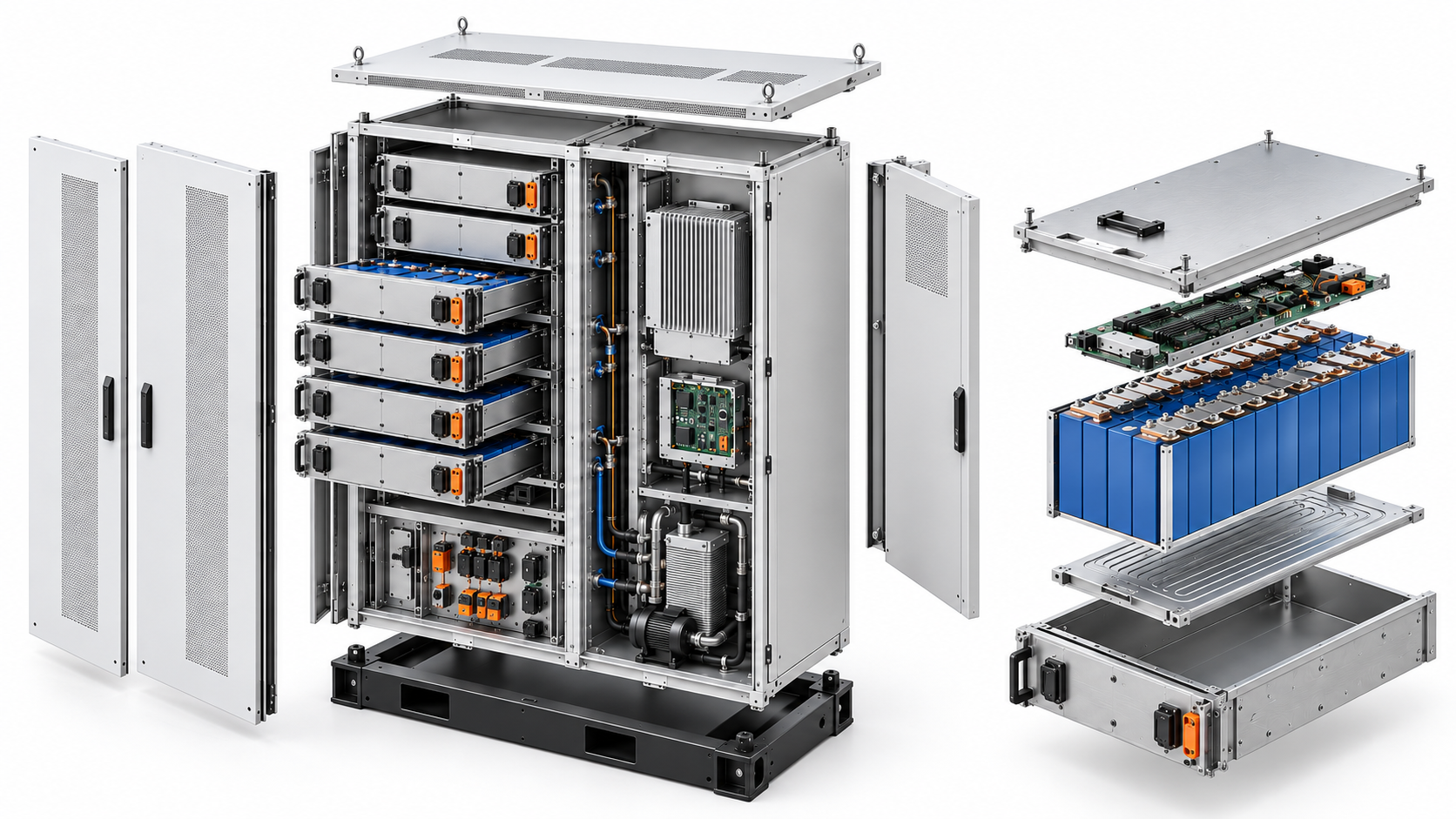 Conceptual commercial storage cabinet: enclosure, battery rack, PCS, controls and BMS, high-voltage distribution, thermal management and base. Enlarged pack detail shows cells, a cold plate and the module tray.